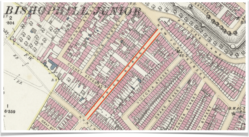 Price Street, between Nunthorpe Road & New York Street, St Mary Bishophill, York, developed between 1870-1880, surviving until the late 20th century.  Ordnance Survey 25 inch England and Wales, 1841-1952