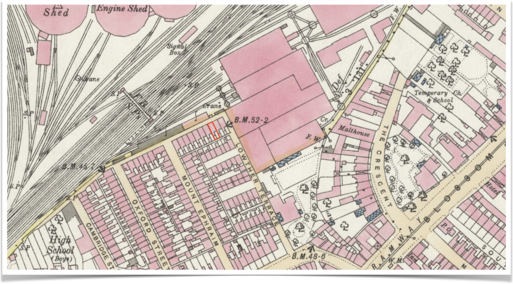 3 Rosary Terrace (outlined in red), off Holgate Road, overlooked the railway tracks and engine sheds of York Railway Station, OS 25 inch England and Wales, 1841-1952