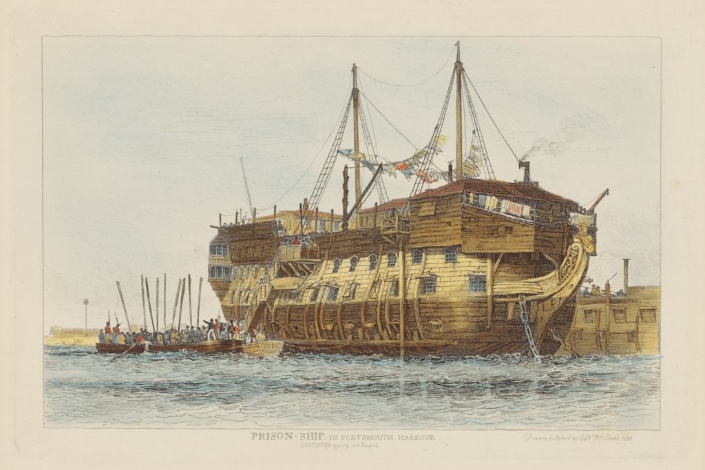 Prison Hulk in Portsmouth Harbour with convicts going aboard by Edward William Cooke