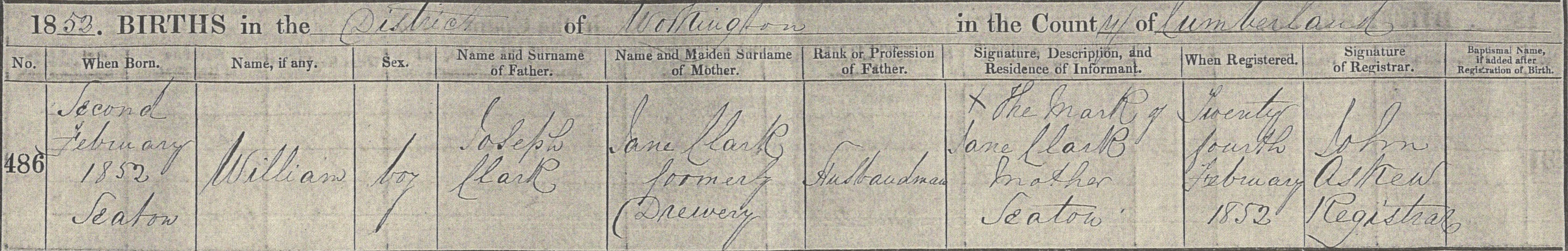 William Clark Birth Certificate 1852
