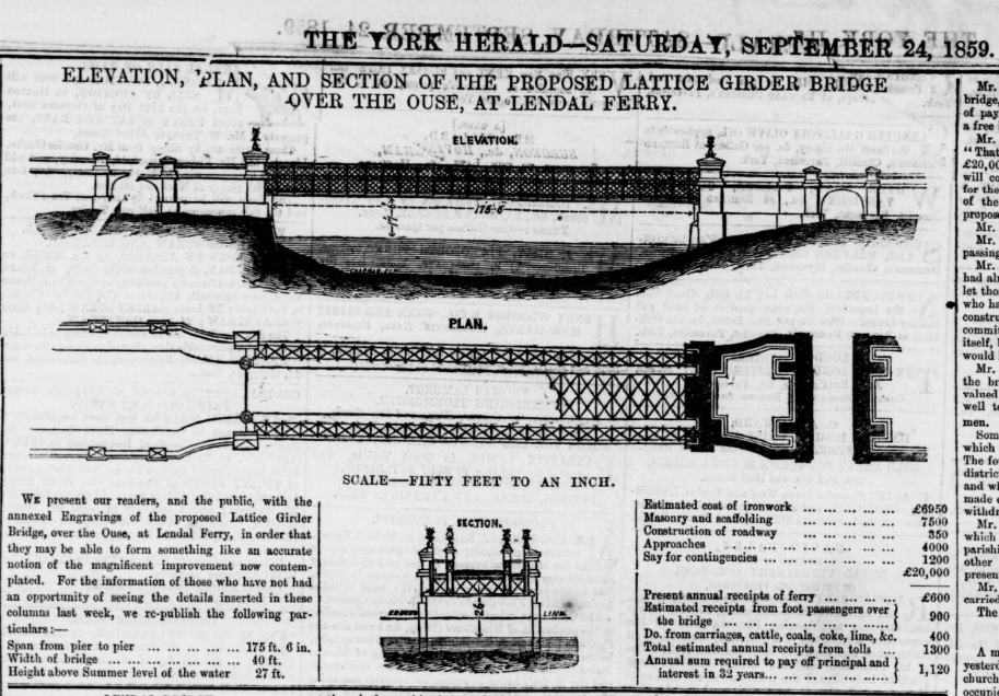 Elevation plan and section of the proposed lattice girder bridge over the Ouse at Lendal Street