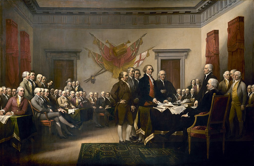 John Trumbull's painting, Declaration of Independence, depicting the five-man drafting committee of the Declaration of Independence presenting their work to the Congress. The painting can be found on the back of the U.S. $2 bill. The original hangs in the US Capitol rotunda.