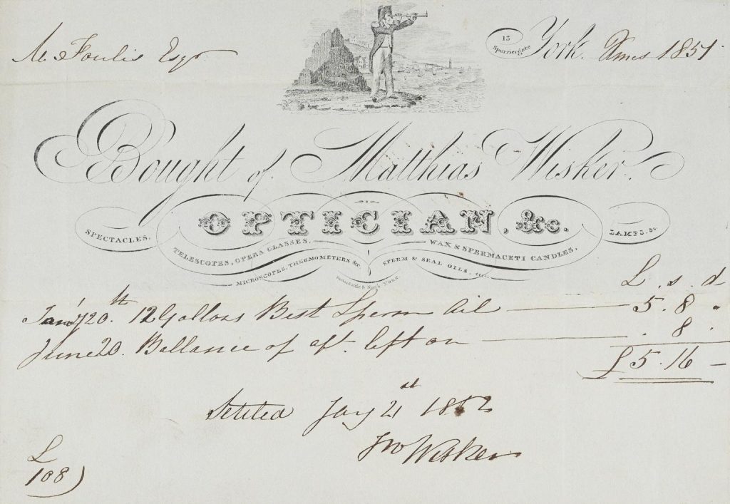 Receipt for 12 Gallons Best Sperm Oil for Mr Foulis of West Heslerton, with letter heading. Mathias Wisker, 13 Spurriergate, York. optical &c. 1857. Signed by Jno Wisker. Science Museum Group