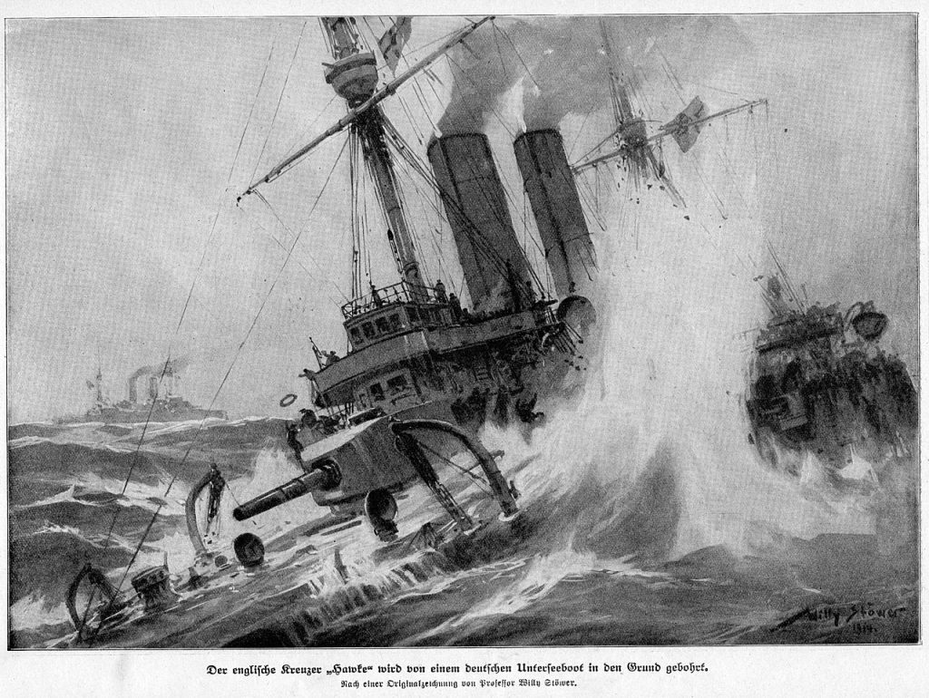 German artistic impression of the sinking of HMS Hawke by Willy Stoewer 1914