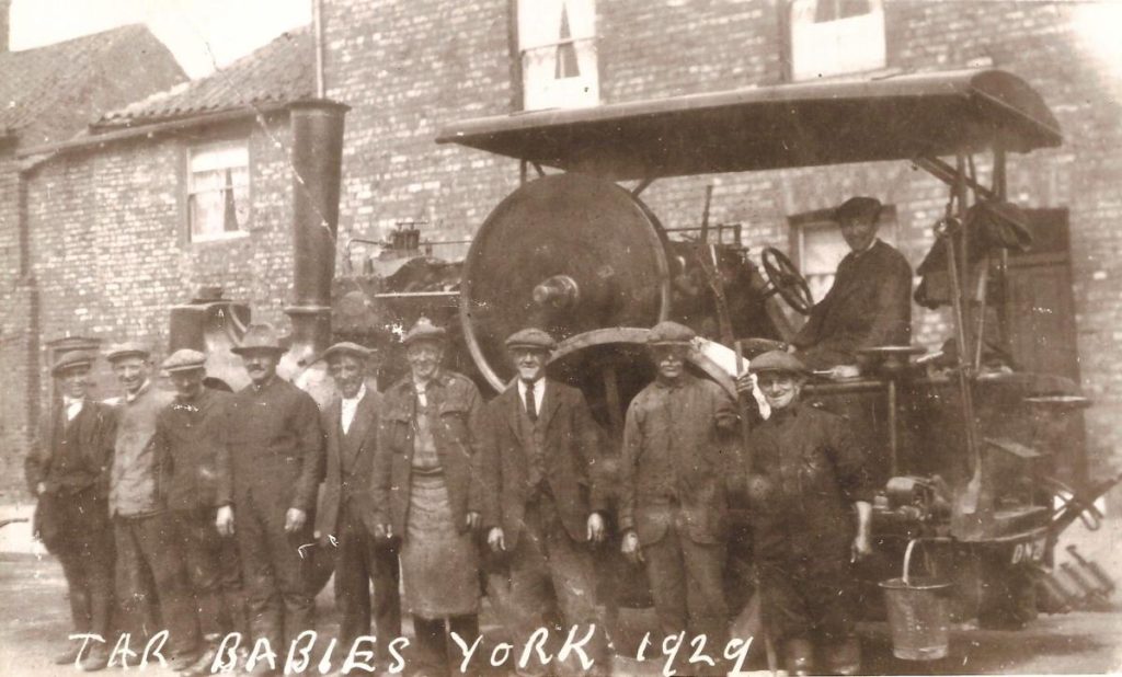 ‘The Tar Babies’ in front of York's third Aveling steam roller in 1929 near the Beeswing public house on Hull Road. Derek Rayner collection, York Press