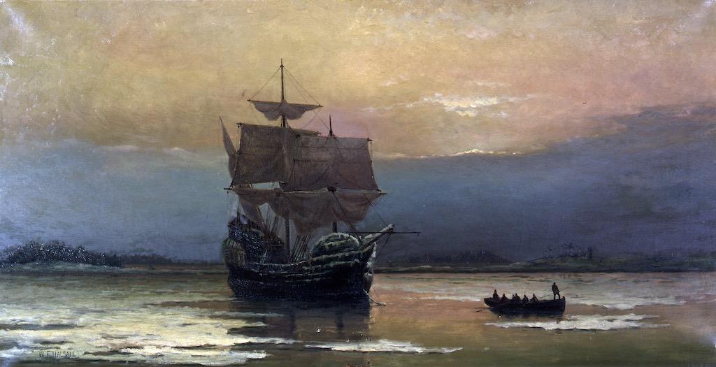 Mayflower in Plymouth Harbor by William Halsall (1882), Wikipedia.org