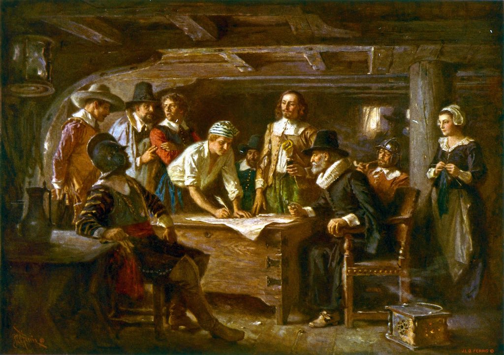 Signing the Mayflower Compact 1620, a painting by Jean Leon Gerome Ferris, Wikipedia.org